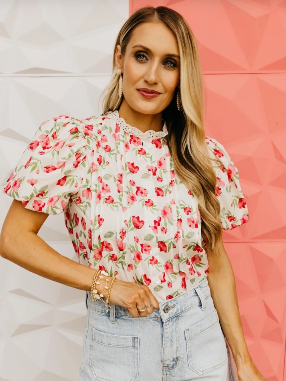 NWT The Prince Pinluck blouse Floral Puff-Sleeve Blouse in White and Pink